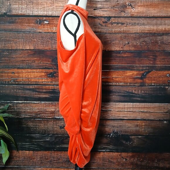 Juicy Couture Dress XL Velour Ruched Bodycon Cold Shoulder High Neck Red Orange - Picture 7 of 10